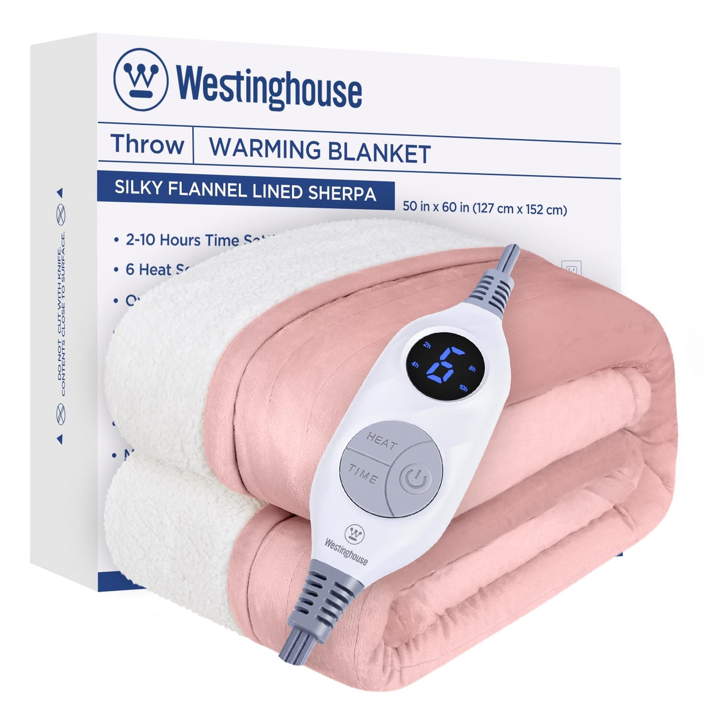 Westinghouse Heated Blanket Throw, Soft Flannel to Sherpa Electric Blanket with 10 Heating Levels, 12 Hours Auto Off, Fast Heating, Machine Washable, 50x60 Inch, Pink