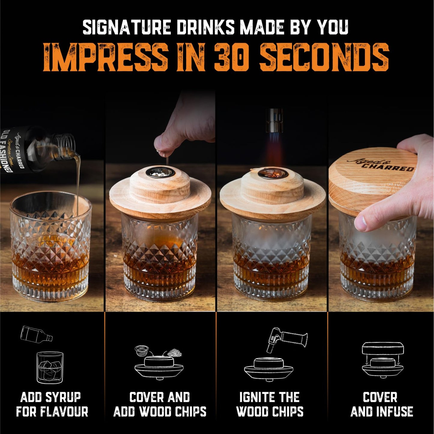 Whiskey Cocktail Smoker Kit with Torch, Old Fashioned Syrup & 8 Flavors Wood Chips - Premium USA Oak Smoker - Old Fashioned Smoker Kit - Bourbon Gifts for Men (with Butane)
