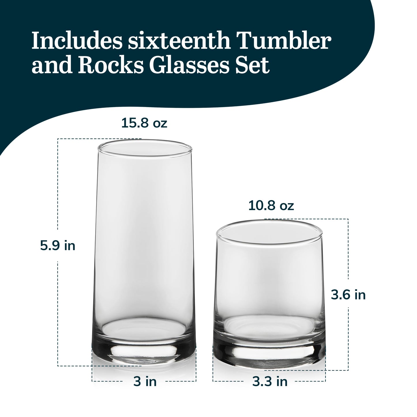Libbey Cabos 16-Piece Rocks and Tumbler Glasses Set, Angled Glass Cups Set for Water, Juices, and More, Dishwasher-Safe Modern Glassware