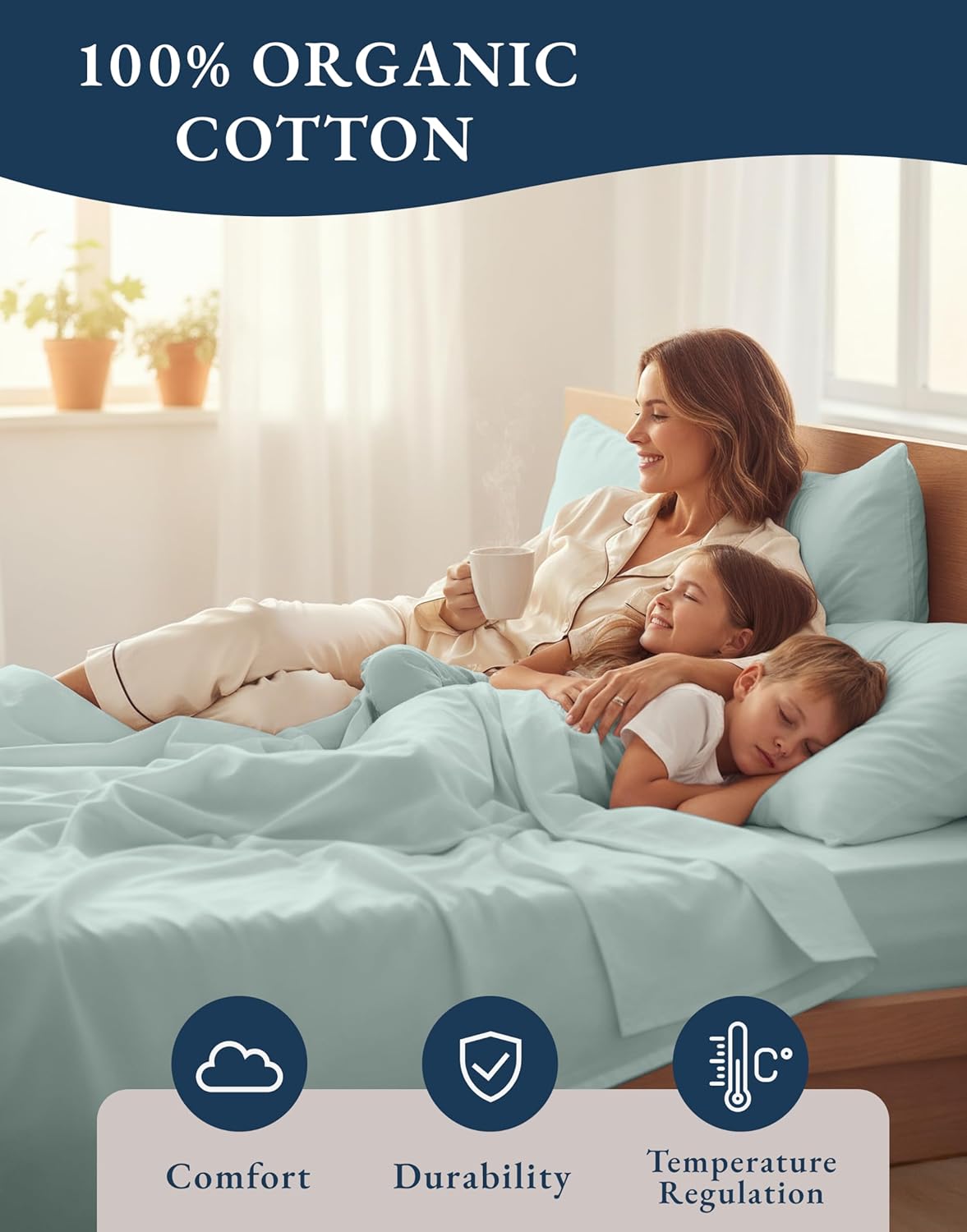 LANE LINEN 100% Organic Cotton Full Sheet Set - 4-Piece Soft Percale Bedding in French Blue, Fits Mattresses Up to 15" Deep
