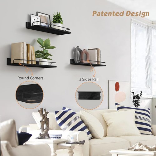 Forbena Black Floating Shelves - Rustic Wall Storage for Bathroom, Kitchen, Office | Set of 3, 17 Inch