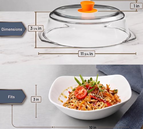 Bezrat Microwave Tall Glass Plate Cover For Food | Splatter Guard Lid with Easy Grip Silicone Handle Knob & Steam Vents | 100% Food Grade | BPA Free and Dishwasher Safe | Plates and Bowls 10 x 3 Inch