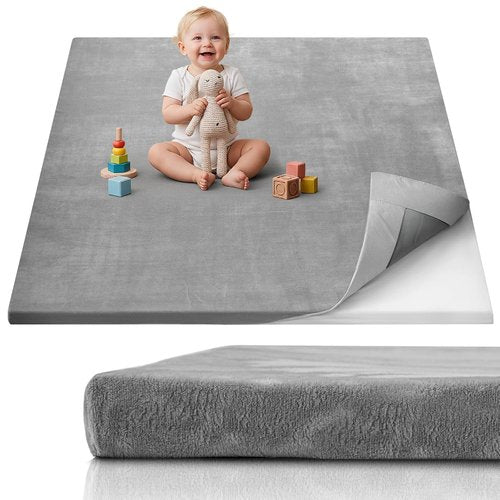Blissful Diary Thick Baby Play Mat - Ultra Soft 50x50 Crawling Rug with Washable Cover | Light Grey