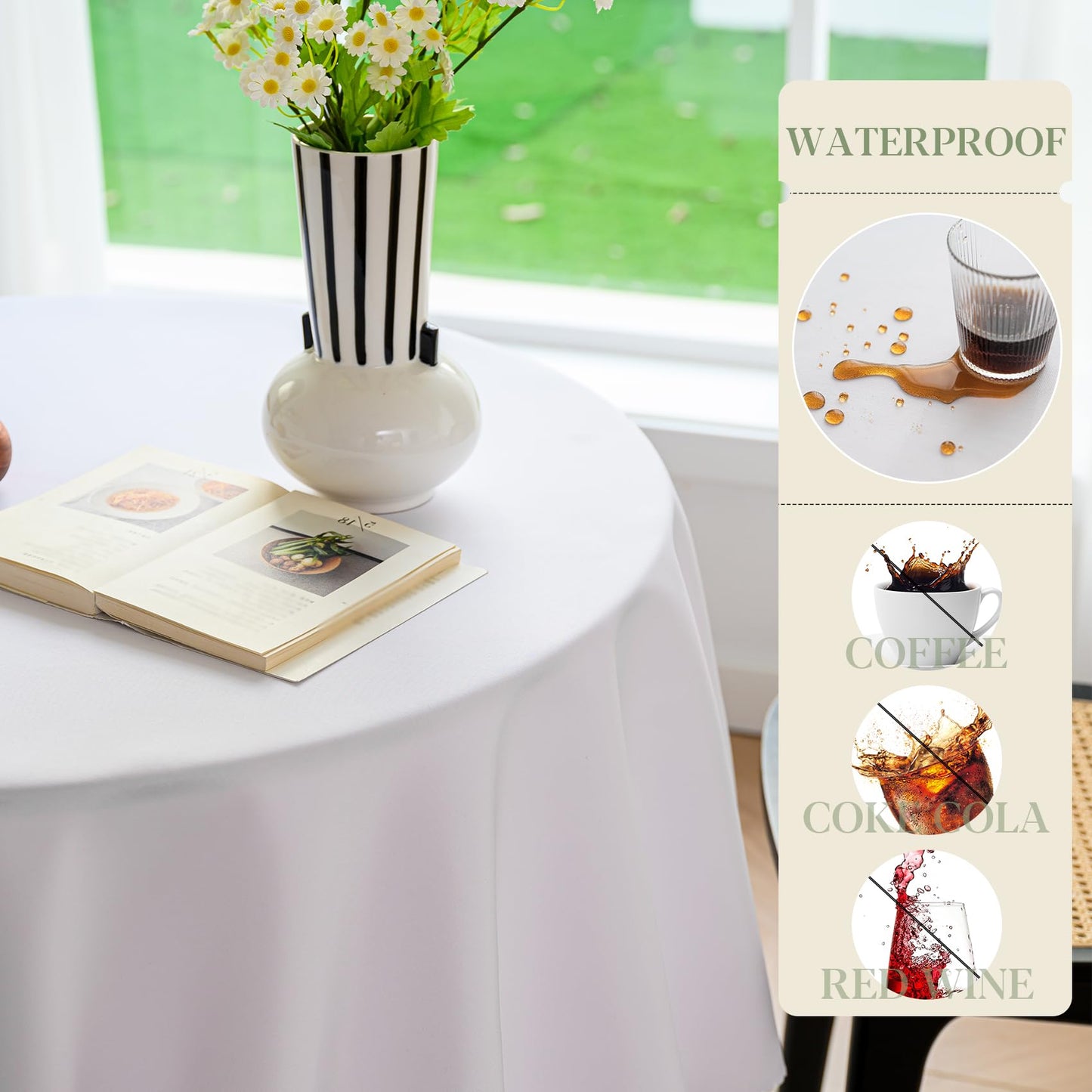 BYDOLL Table Cloth Round 48 Inch Tablecloth Fits Max38 Inch Diameter Top,White Washable Outdoor Winkle and Stain Resistant Spillproof Polyester Tablecloths for Round Tables Party Cover