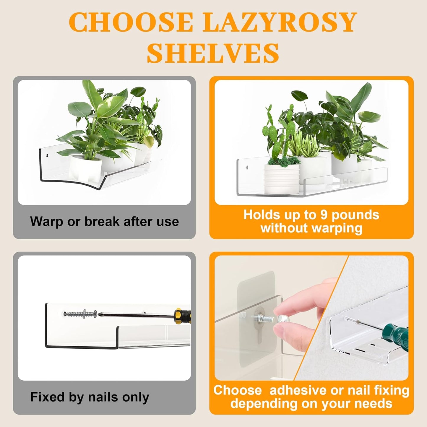 LAZYROSY Floating Shelves - Clear Acrylic Wall-Mounted No Drill Storage | 4 Pack for Bathroom, Kitchen & Living Room