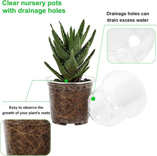 JERIA Clear Nursery Pots - 30 Pack of 5/6/7 Inch Plant Pots with Drainage Holes | Durable Plastic for Succulents