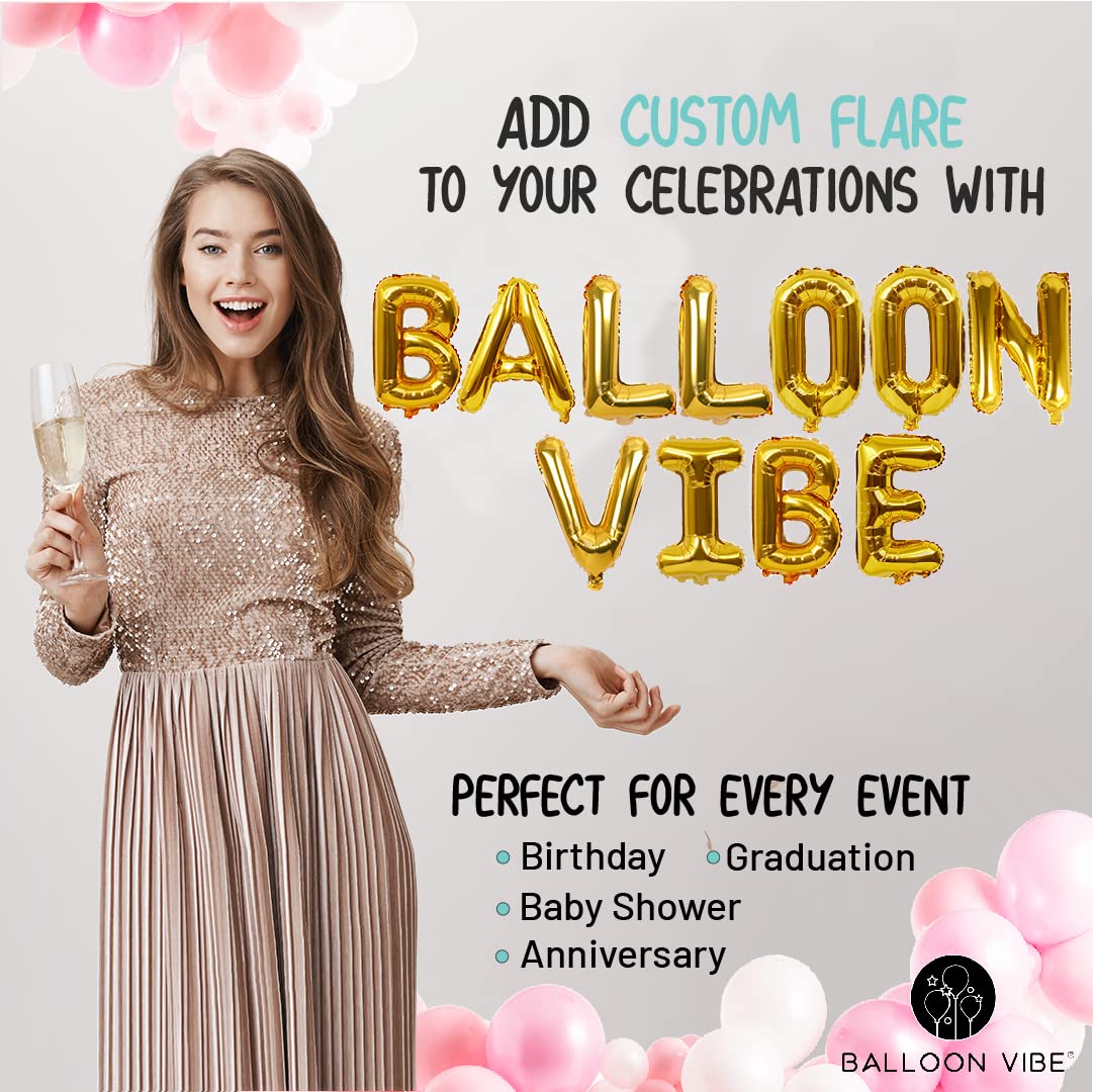 BALLOON VIBE Letter Balloons 16 Inch - Custom Phrase Alphabets & Numbers Foil Mylar Balloons with Straws, Ribbon and Adhesive Dots - Create Your Own Banner for Birthday, Baby Shower - 11 Colors