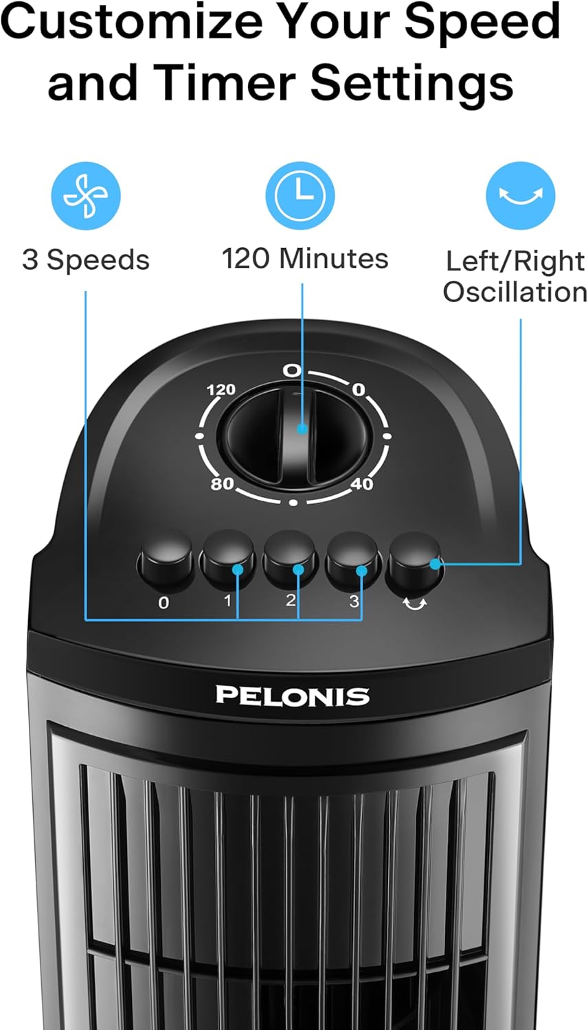 PELONIS 30-Inch Oscillating Tower Fan - 3 Speed Settings & Auto-Off Timer | Black, Medium Size