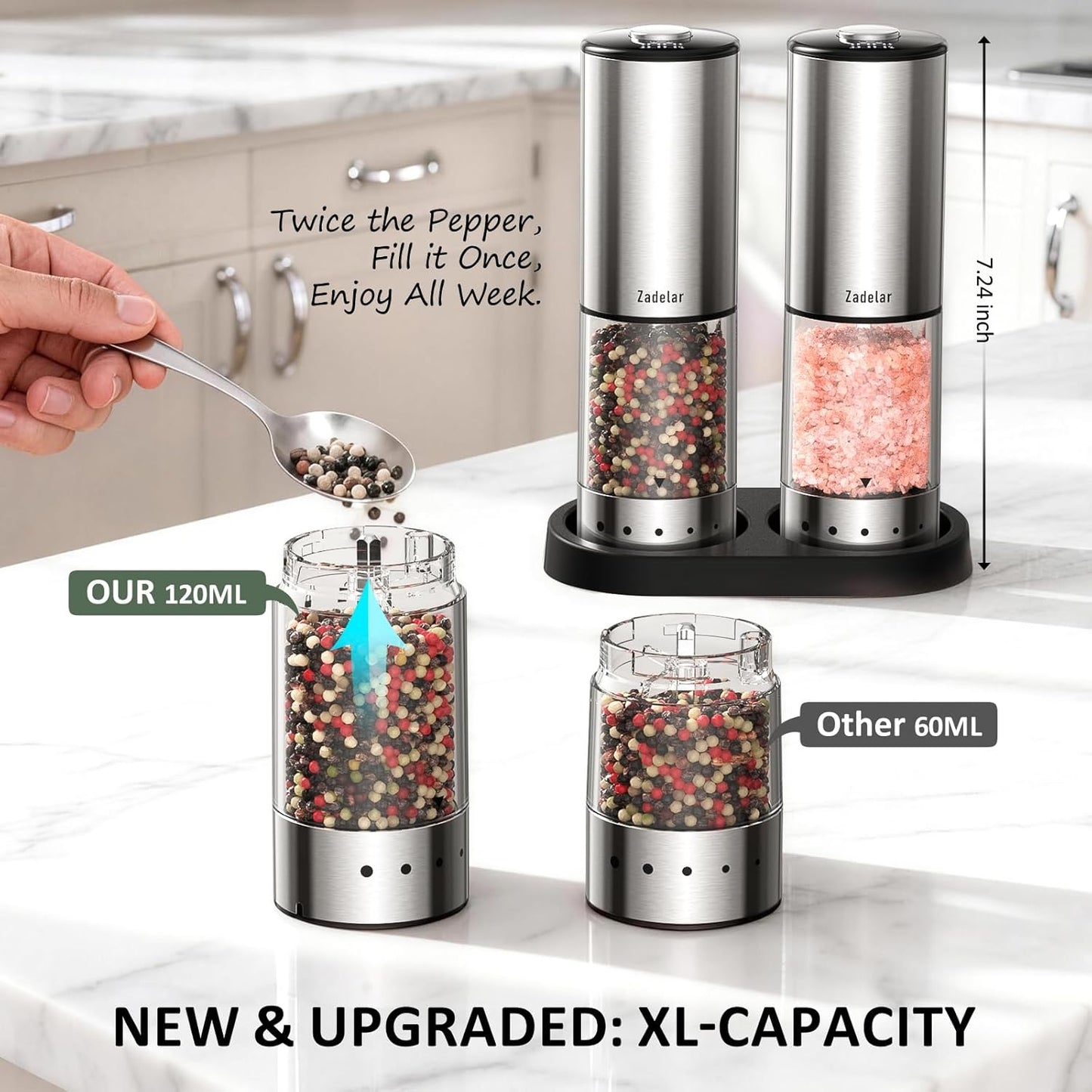 Skiennix Rechargeable Electric Salt and Pepper Grinder Set - Automatic, LED Display, Adjustable Coarseness, Large Capacity