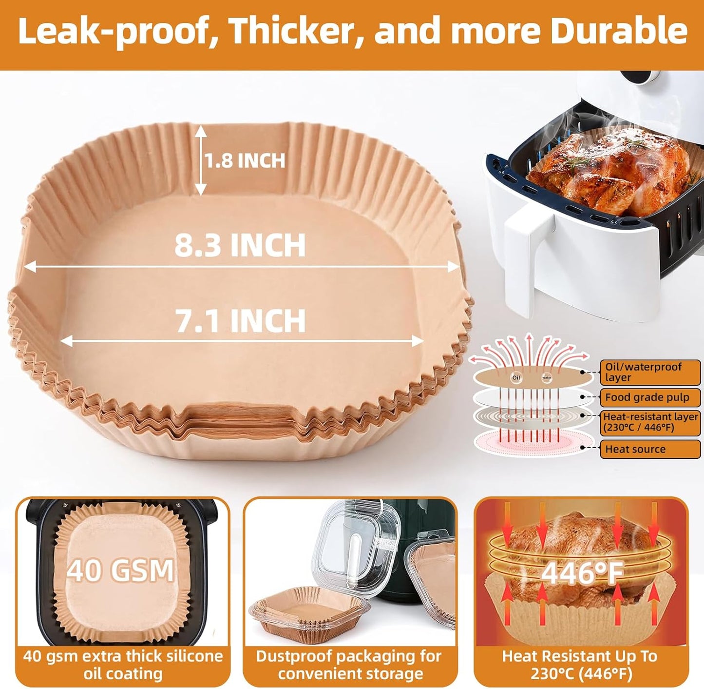 Ninja Air Fryer Paper Liners - Thickened Disposable Square Liners for 4-6 Qt Air Fryers | 8.3" Top Size