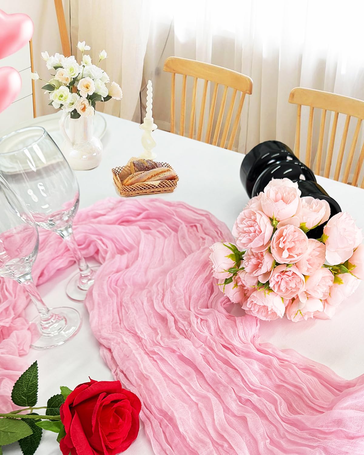 8 Pack Pink Cheesecloth Table Runner 21x120 Inch Boho Gauze Table Runners Rustic Light Pink Table Runner for Wedding Birthday Party Baby Shower Centerpiece Valentine's Day Home Decorations