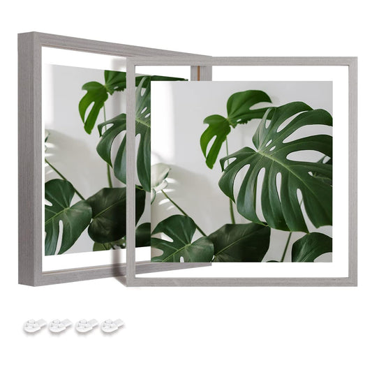 Egofine 8x8 Floating Frames Set of 2, Double Plexiglass Picture Frame, Made of Solid Wood Display Any Size Photo up to 8x8, Wall Mount or Tabletop Standing, Light Grey