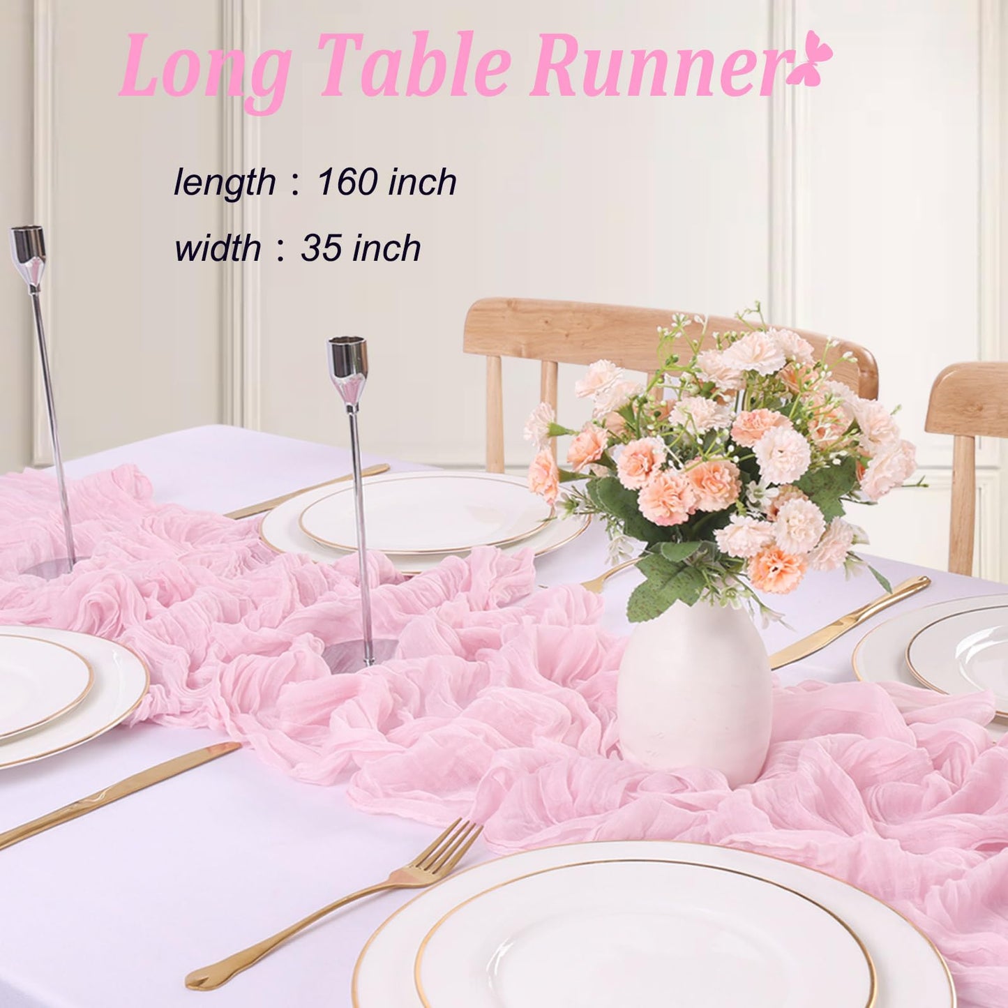 13.3FT TuTive Light Pink Cheesecloth Table Runner Boho Gauze Cheese Cloth Runner Sheer Table Runner Summer Wedding Dining Decorations for Holiday Birthday Baby Shower Event Table Decorations for Party