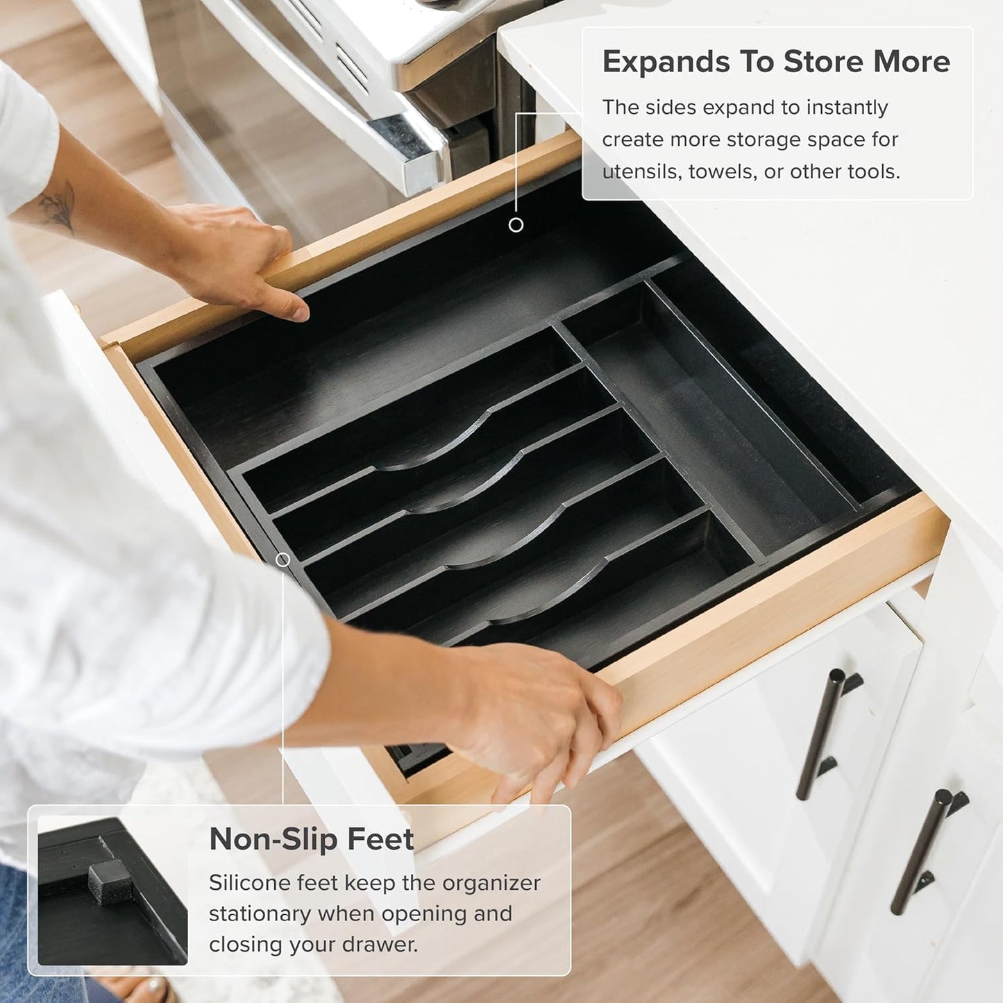 KitchenEdge Premium Flatware Organizer - Expandable Food-Safe Utensil Holder, Black Bamboo, 10.5 to 19 In