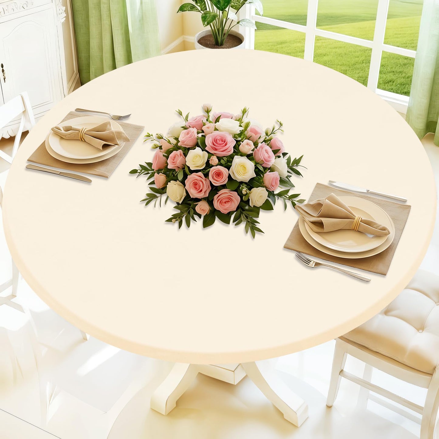Moosfor Round Spandex Tablecloth, Elastic Fitted Waterproof Tablecloths for 31"-35" Tables, Stretch Washable Picnic Table Cover for Camping, Dining, Indoor and Outdoor, Beige