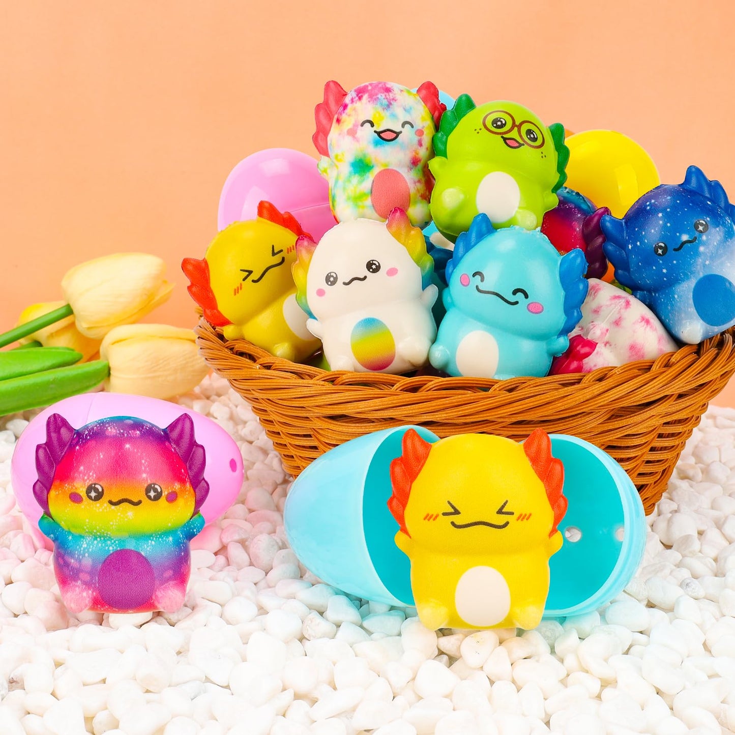 PAKSPAK 20 Pack Easter Eggs Fillers with Axolotl Squishy Toys Inside Easter Basket Stuffers Easter Egg Hunt Easter Party Favors for Kids