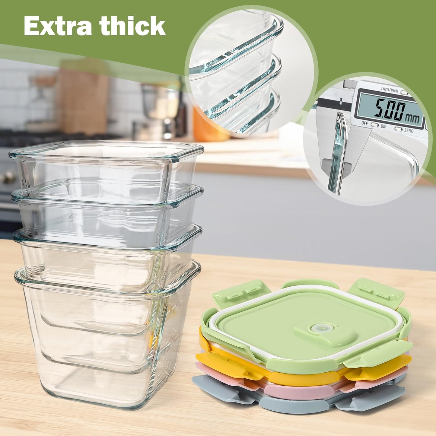 Susukkie Glass Soup Containers with Lids 32oz - Borosilicate Glass Storage Containers 4 Cup, Freezer to Microwave Safe, Airtight Leak Proof, Square Meal Prep Containers for Lunch Travel- 4 Pack