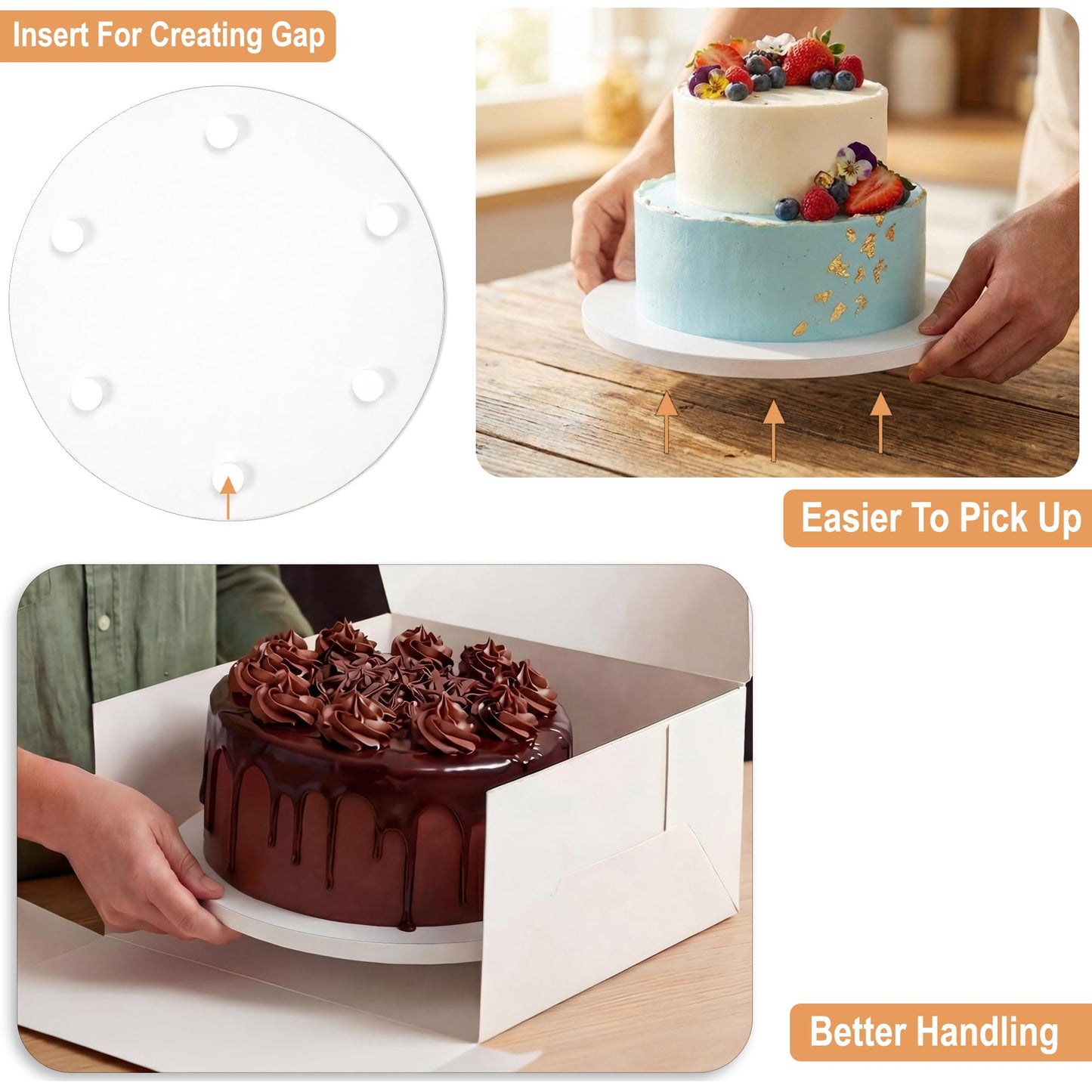 Sleek Cake Drums 8 inch in White, Silver, Gold, Black Color (14 Pack) | 1/2" Thick CakeBoard Circle Rounds + Free Prop Up Tools | Sturdy for Heavy/Tiered Cakes