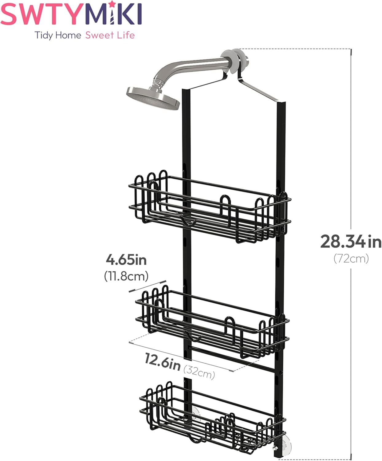 SWTYMIKI Shower Caddy - 3-Tier Rustproof Hanging Organizer with Adjustable Baskets & Hooks | Black Bathroom Storage Rack