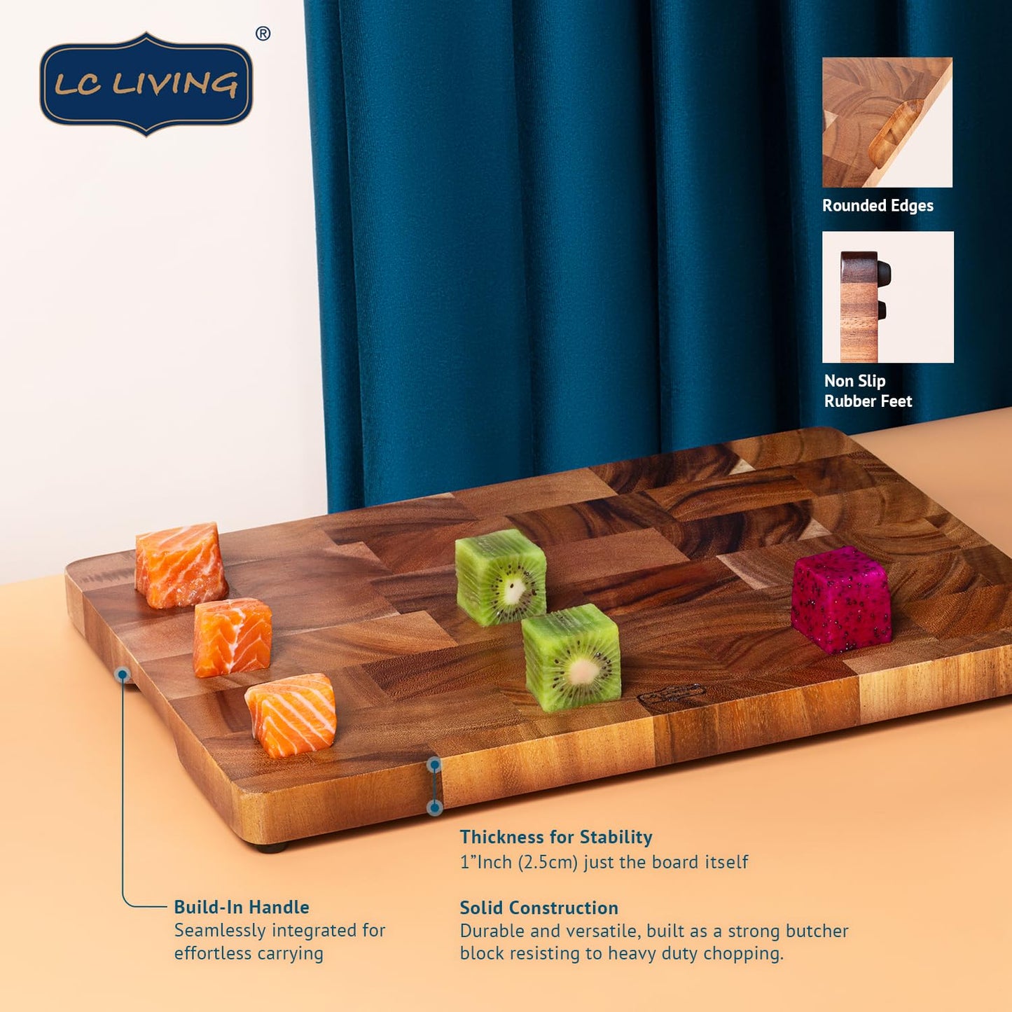 Thai Acacia Wood Grande Rectengular Cutting Board w/Footer, best for chopping serving butcher board, prep station, kitchen deco, cheese, meat, bread, 15.7"x11.2" / 17.7”x 1.8” (Large)