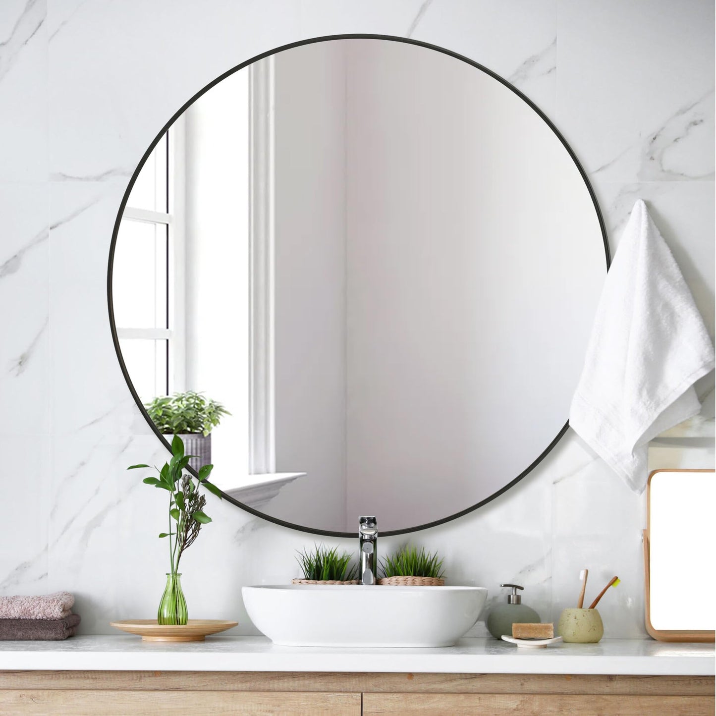 WIOWUR Black Round Mirror 30 Inch,Circle Bathroom Vanity Mirror for Wall