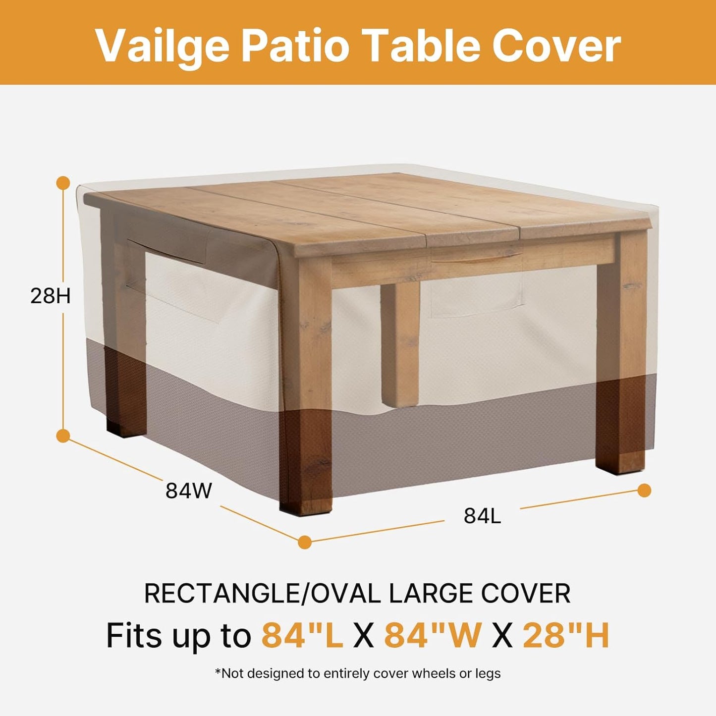 Vailge Heavy-Duty Waterproof Patio Table Cover - Rectangular/Oval Design, 84" L x 84" W x 28" H, Beige & Brown