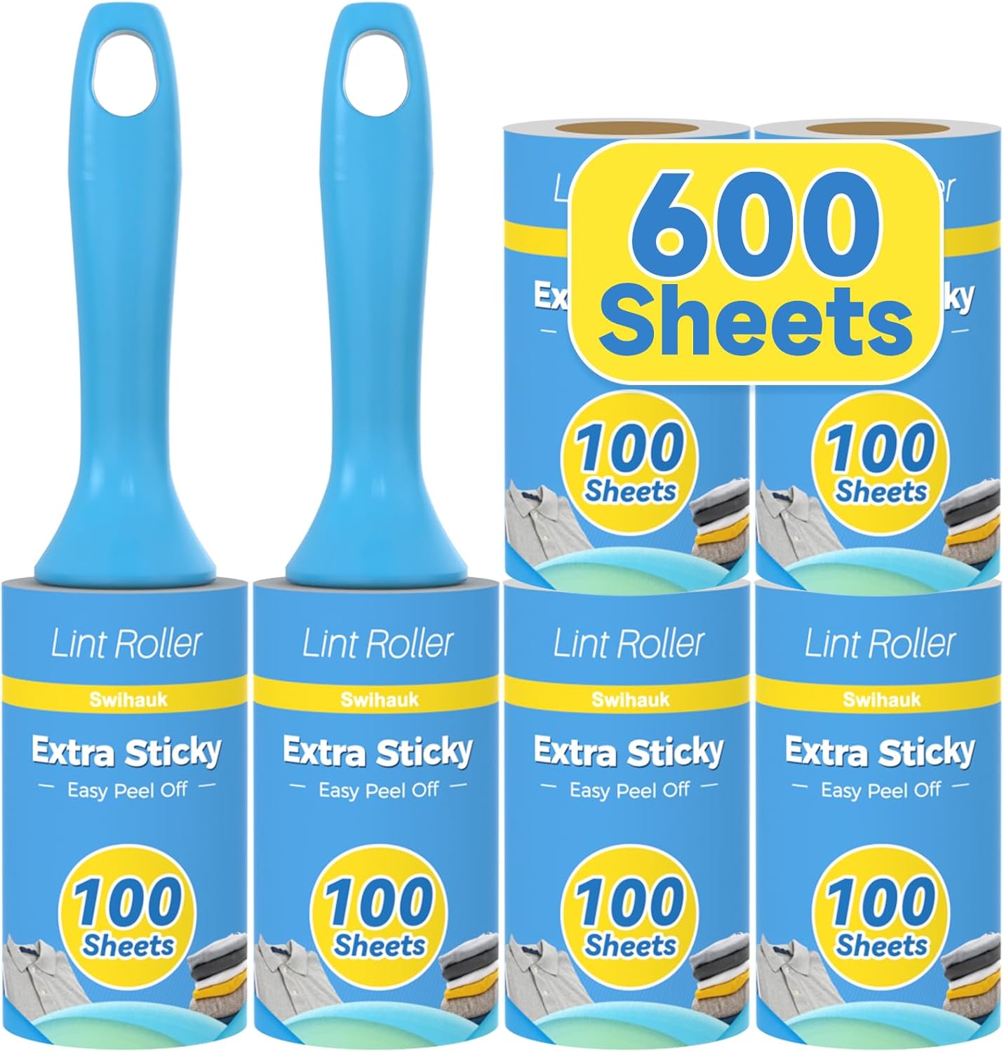 Swihauk Lint Roller - 600 Sheets Extra Sticky Pet Hair Remover | Ergonomic Handle for Clothes & Furniture