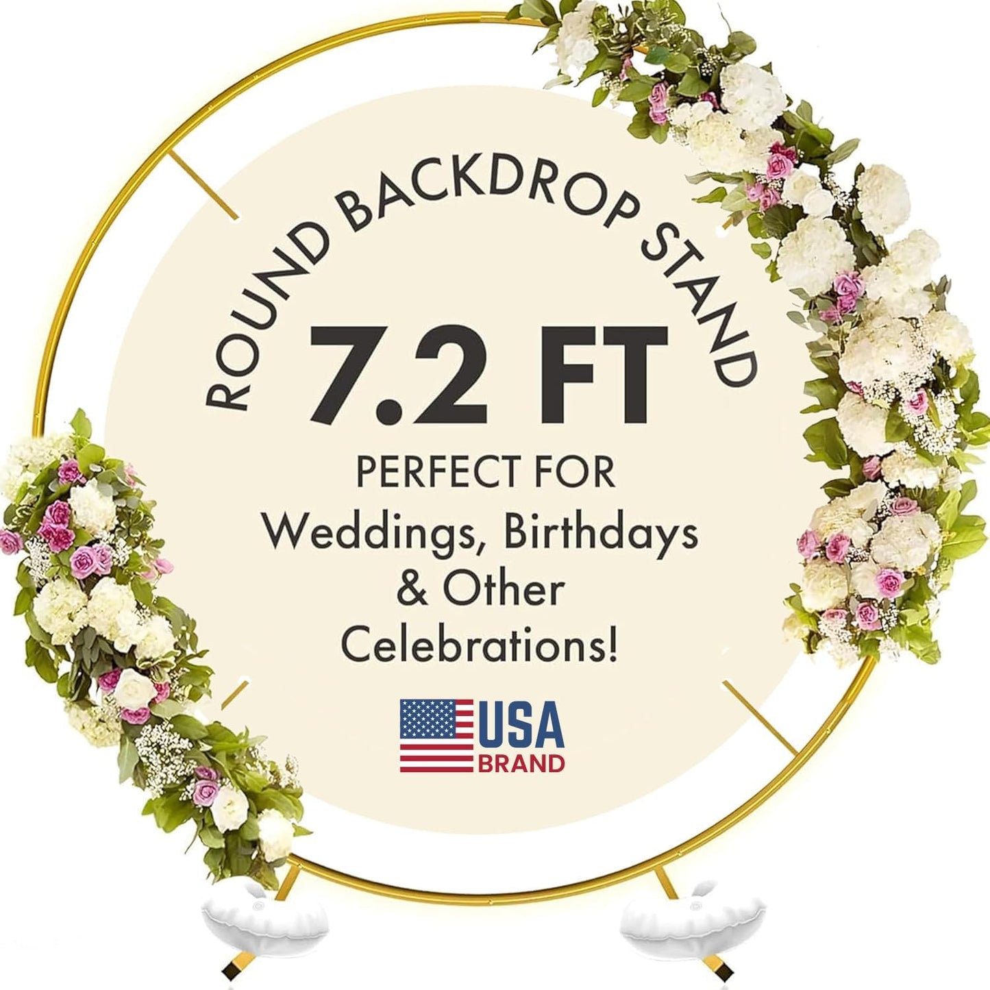 Round Backdrop Stand - 7.2 Ft Gold Iron Circle Frame | Portable Wedding Arch for Parties & Balloons