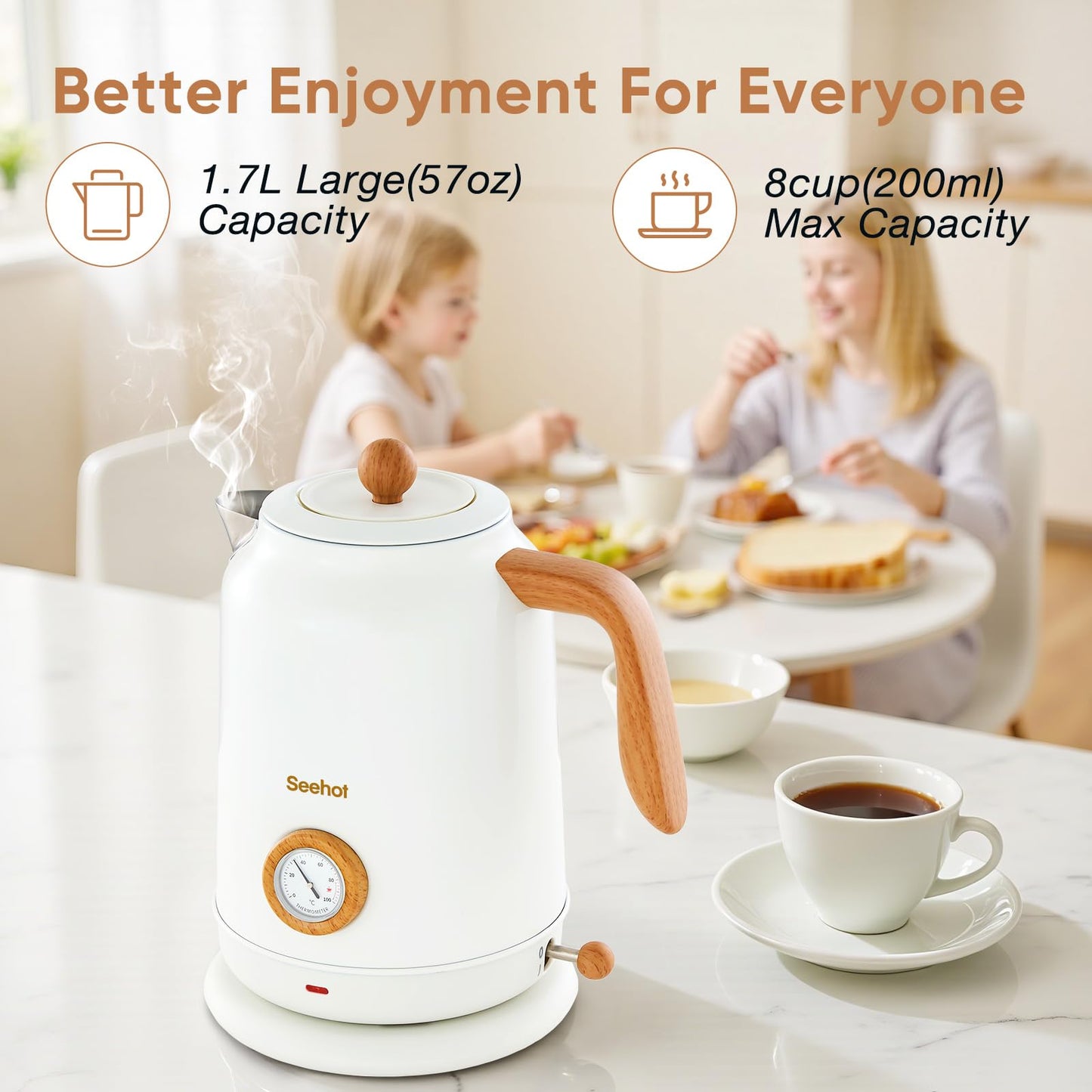 Seehot® 1.7L (57.oz) Electric Kettle with Thermometer, 1200W Large Electric Tea kettle with 304 Stainless Steel,Hot water kettle Electric for Coffee&Tea-White