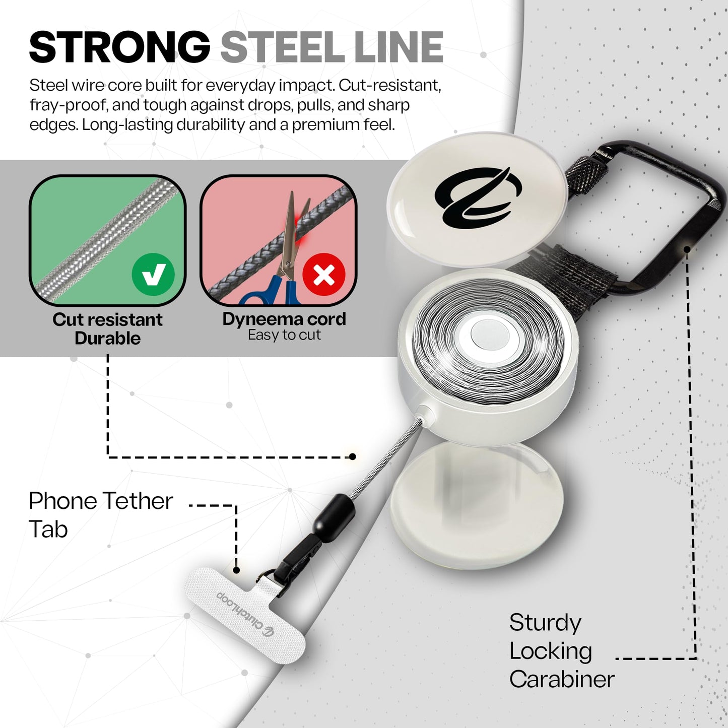 ClutchLoop Anti-Theft Phone Tether - Universal Adhesive Anchor, Retractable Steel Line and Locking Carabiner (White)