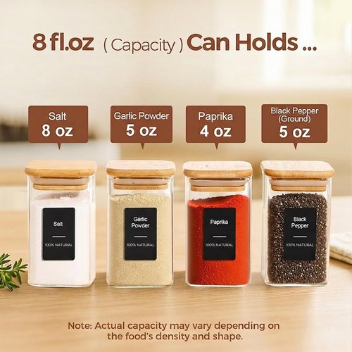 ComSaf 12Pcs Spice Jars - Airtight Glass Containers with Bamboo Lids & Labels | 8oz Square Design