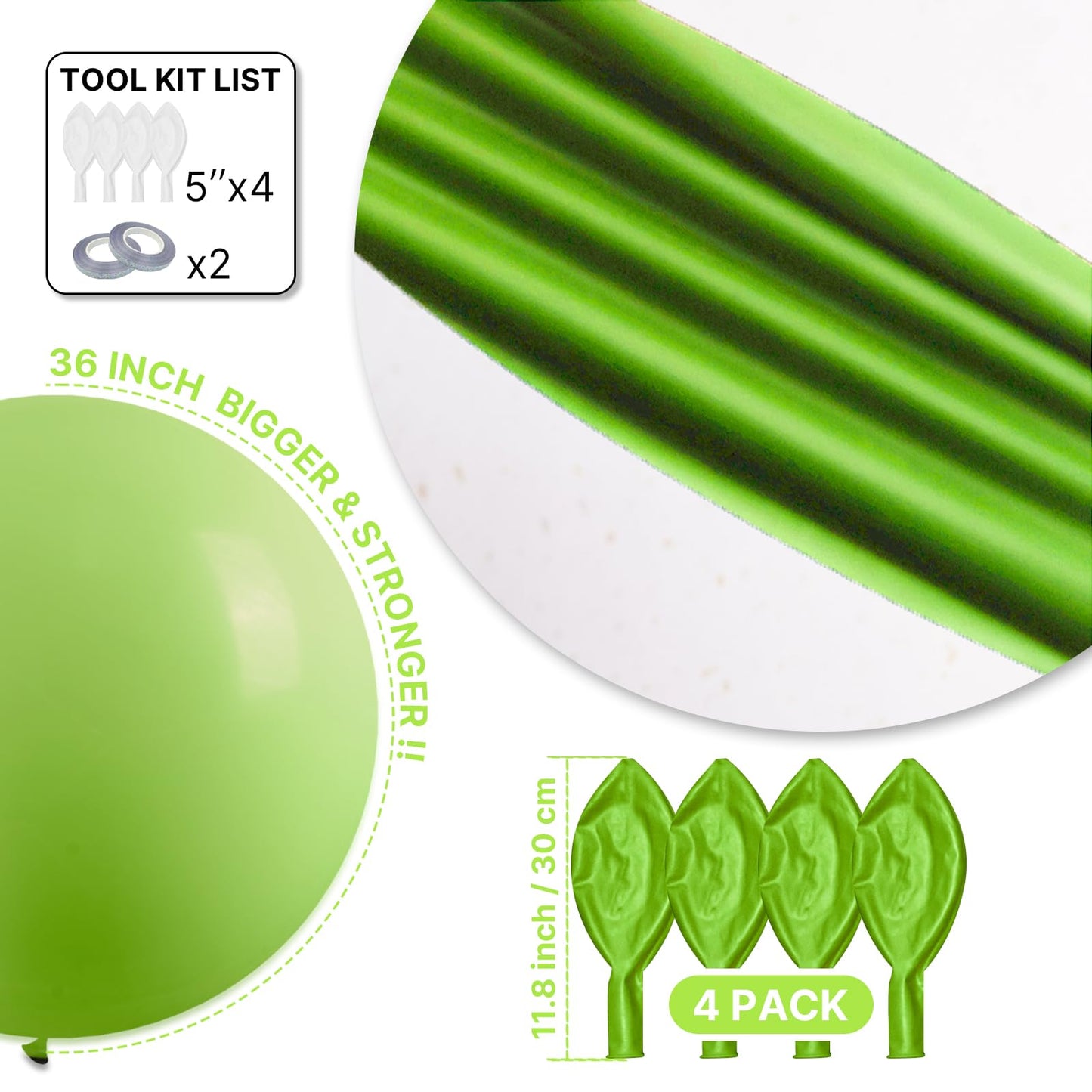 PartyWoo Lime Green Balloons 4pcs 36 Inch Light Green Latex Helium Balloons for Graduation Wedding Baby Shower Anniversary Birthday Dinosaur Jungle Golf Football Theme Party Decorations Green-Y6