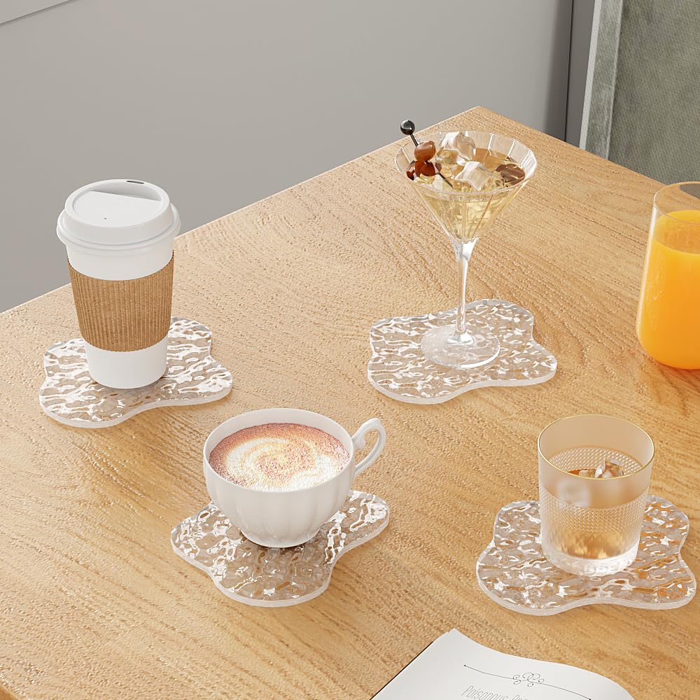 Sweet Elegance Acrylic Coasters, Coasters Set of 4, Clear Drink Coaster with Waterproof Material, Drink Pad for Table Protection, Desk Accessories for Home, Office, Cafe Decor