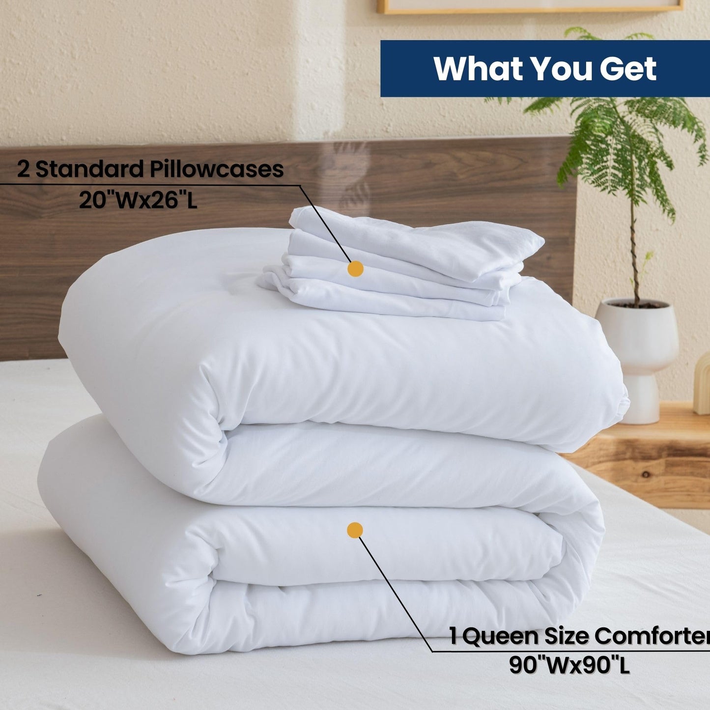 Paxrac Classic Pure White Comforter Queen Size, 3 Pieces Boho Comforter Set, Lightweight Solid Bedding Set, All Seasons Soft Breathable Queen Comforter Set (90x90In Comforter & 2 Pillowcases)