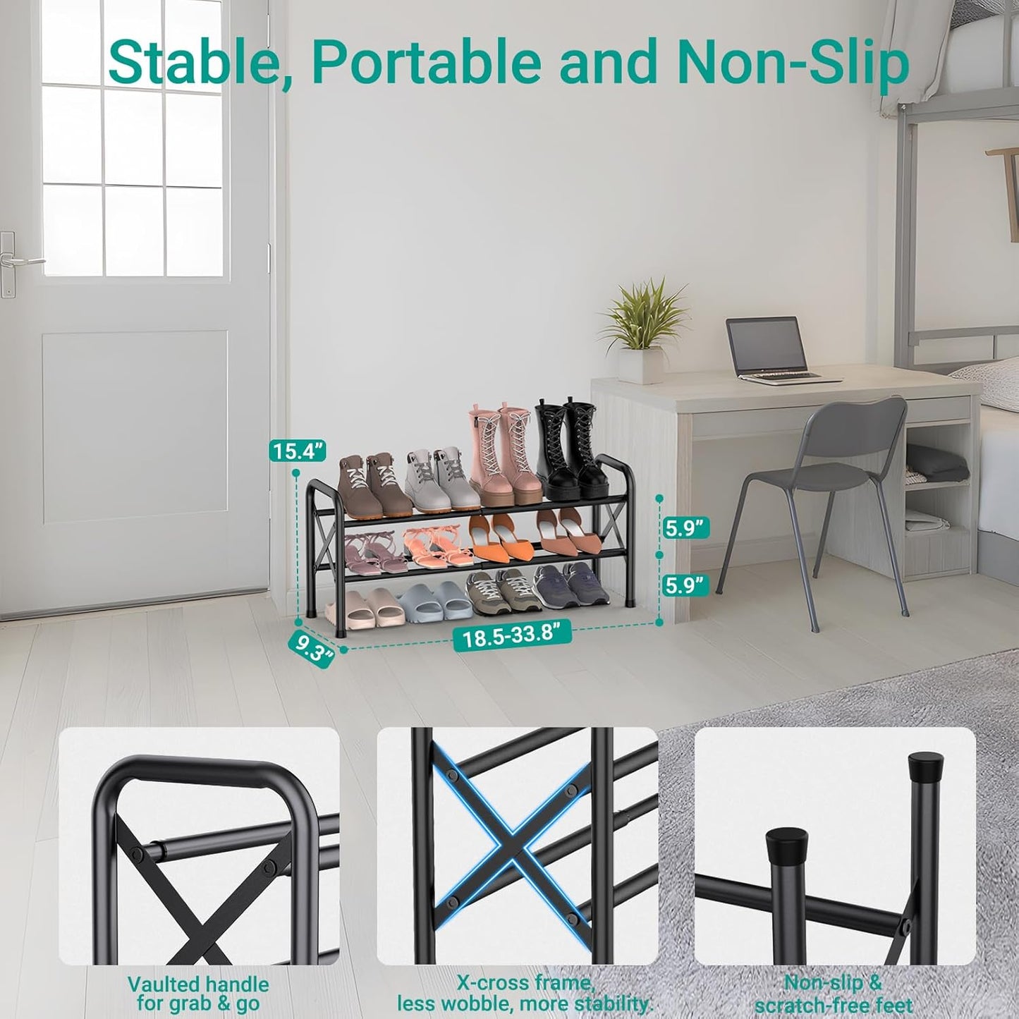 YEASHEIN Expandable 2-Tier Shoe Rack - Adjustable X-Frame Metal Organizer for Entryway & Closet - Black