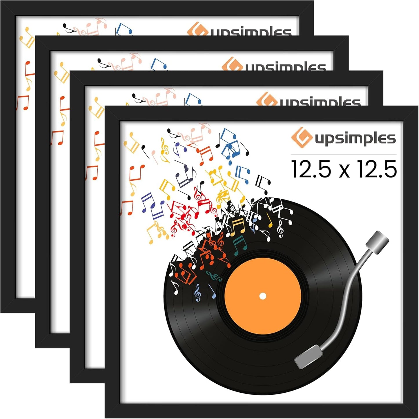 Upsimples Vinyl Record Frames - 12.5x12.5 Inch Album Cover Display - Black, Set of 4 for Home Decor