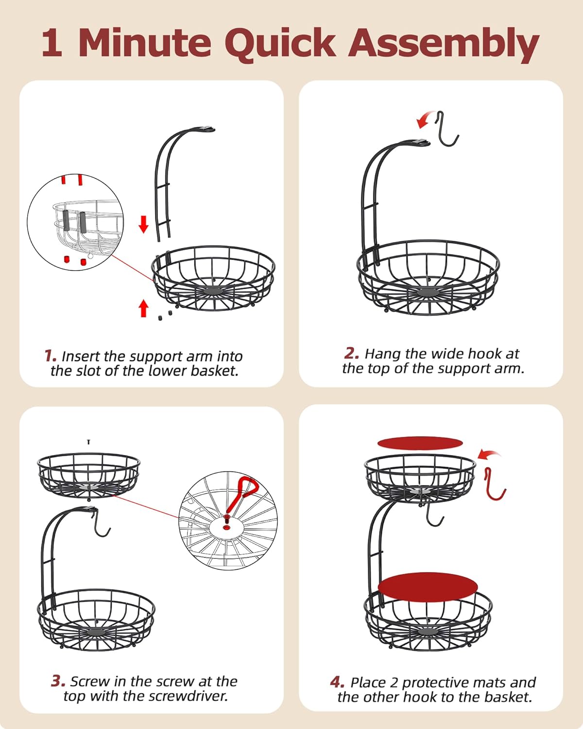 Sevenblue 2-Tier Large Fruit Basket - Sturdy Iron Kitchen Counter Bowl with Removable Banana Hanger | Black
