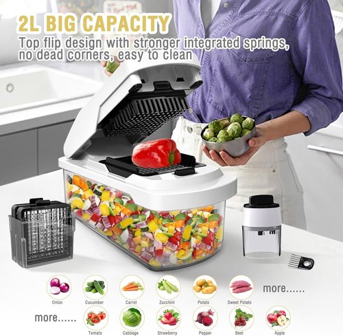 Homizia Vegetable Chopper with Container - 15-in-1 Mandoline Slicer, Food Dicer, Onion Cutter & Cheese Grater - Manual Veggie Chopper with Storage, Stainless Steel Blades