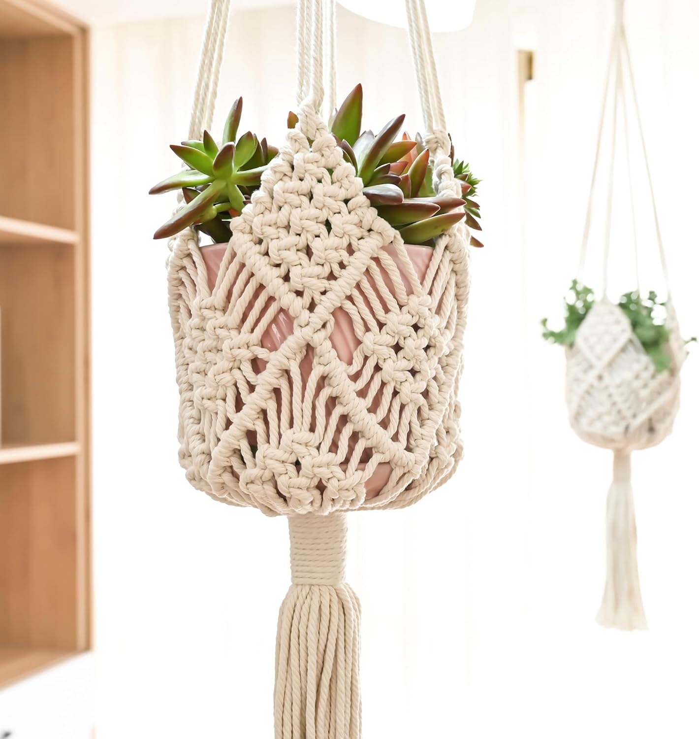 Skiennix Macrame Plant Hangers - Stylish Hanging Planters for 8-Inch Pots | 2-Pack, White