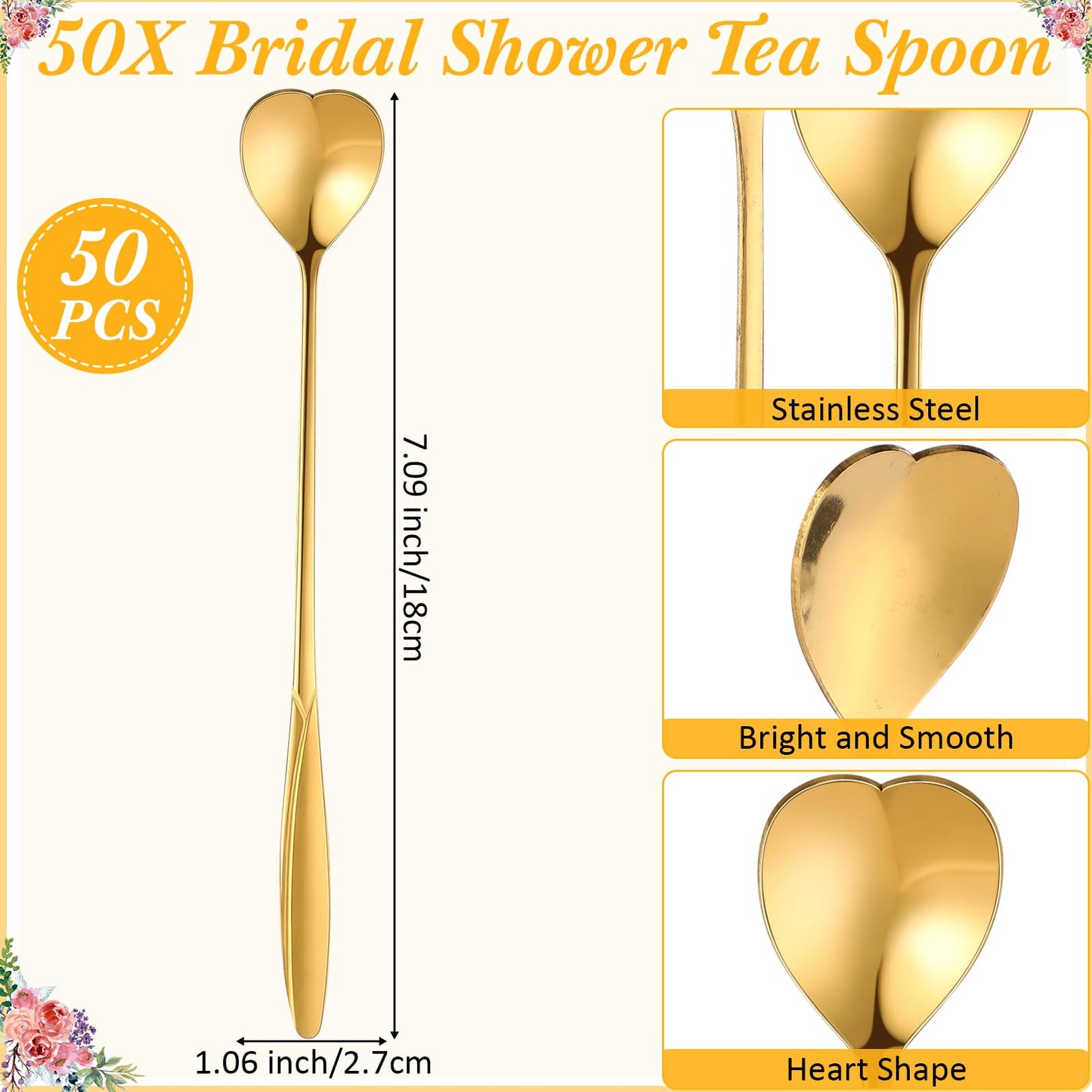 Skybooly Tea Party Bridal Shower Favors Mini Coffee Spoons Small Tea Spoons Heart Shaped Spoon with Bridal Shower Thank You Cards and Hemp Rope Wedding Souvenirs Tea Party Favor (50, Gold)