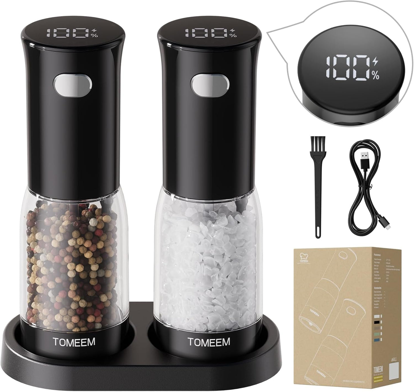 TOMEEM Electric Salt and Pepper Grinder Set - Rechargeable with LED Indicator & 5-Level Grinding | 4.5oz Capacity