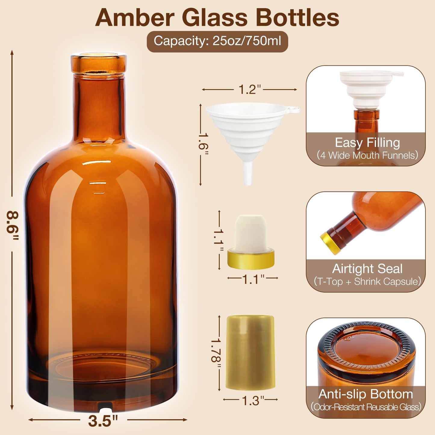 TBWIND 4 Pack 25oz Amber Glass Liquor Bottles with T-Top Cork Stoppers, 750ml Refillable Bottles for Homemade Spirits, Wine, Whiskey, Extracts & Oils, Includes Funnels & Labels