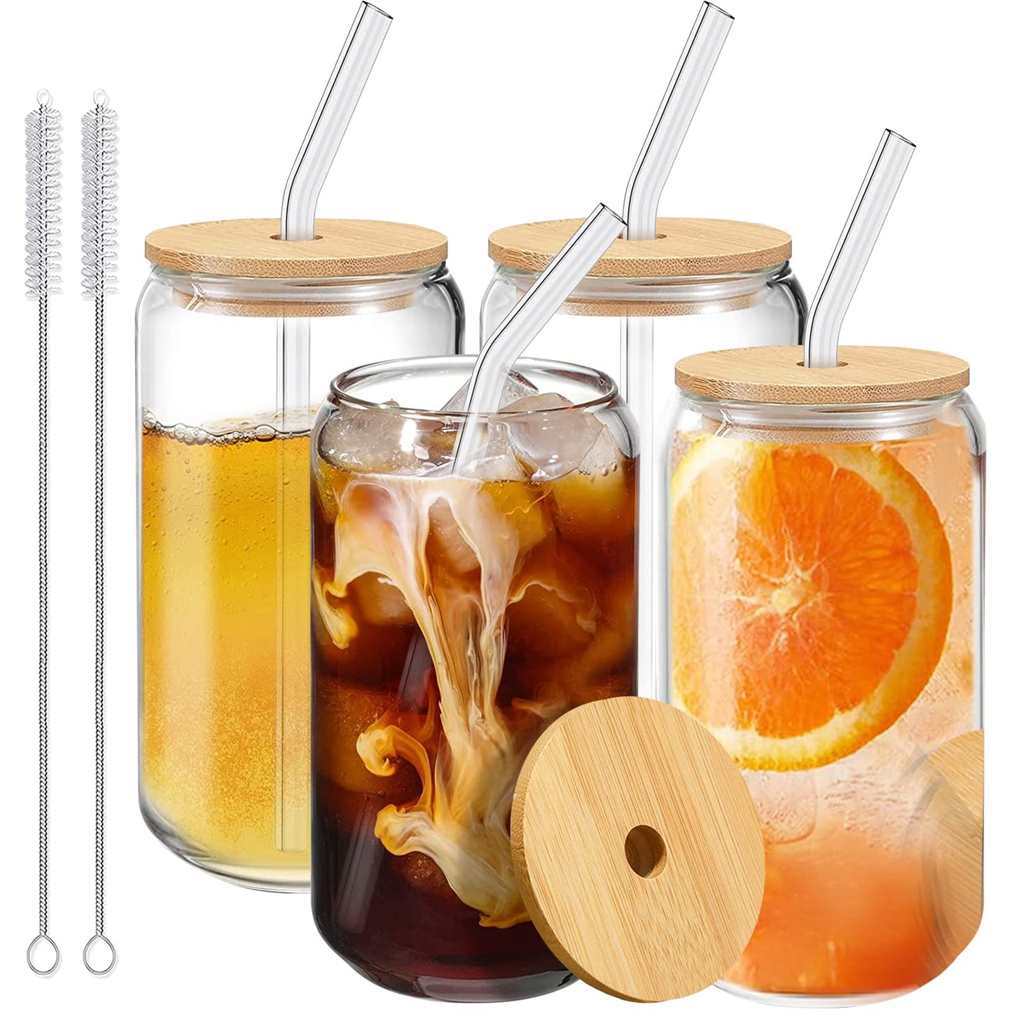 LSXKAMIX Drinking Glasses with Bamboo Lids and Glass Straws, 4-Piece Set - 16oz Can-Shaped Tumblers for Iced Coffee, Beer, Cocktails, and Whiskey - Includes 2 Cleaning Brushes, Ideal Gift