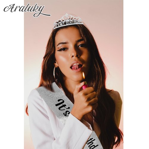 Araluky Silver-Black Crown and Sash for Women, Birthday Tiara Headband, Happy Birthday Hat, Party Favors Gift