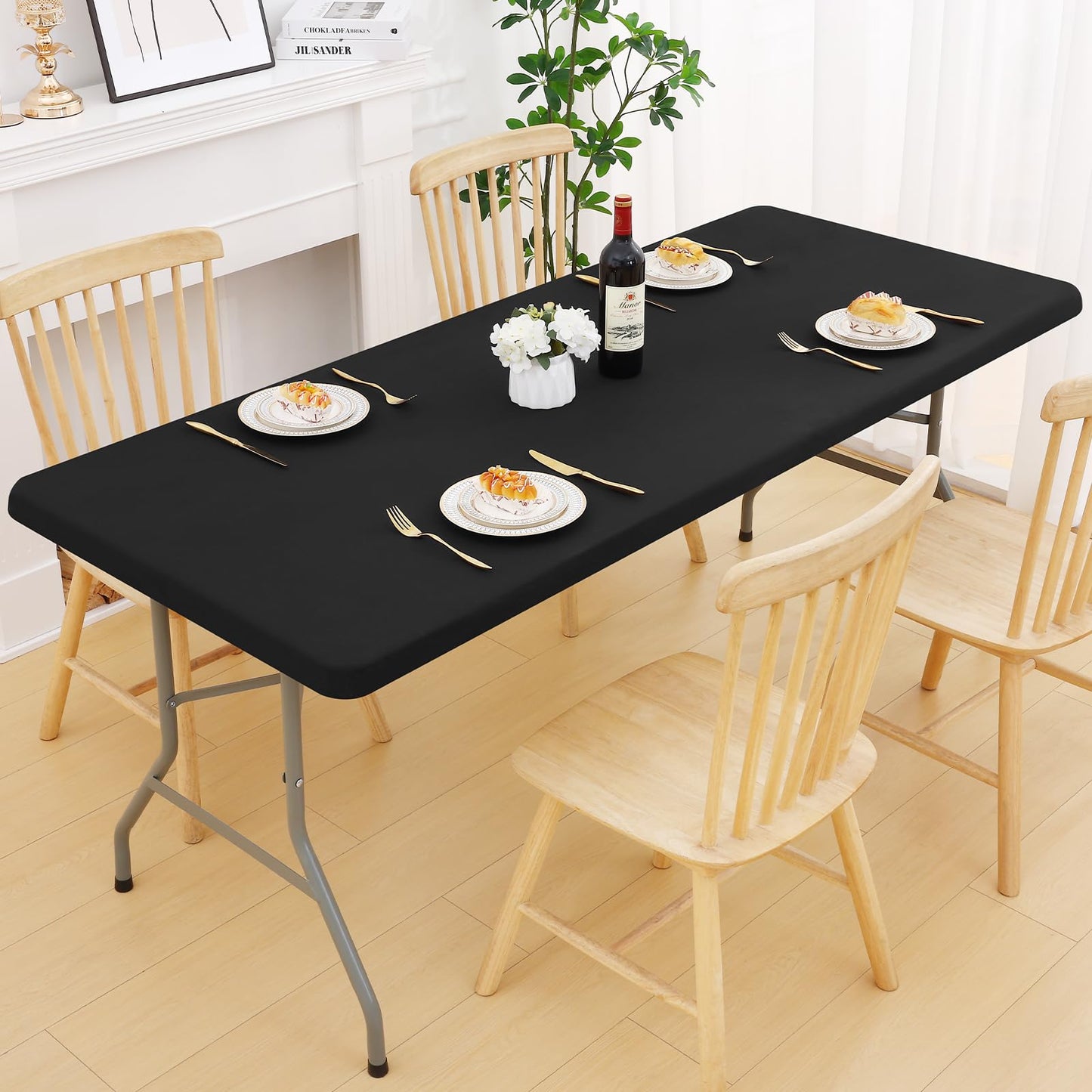 Smiry Rectangle Picnic Table Cloth, Reversible Elastic Fitted Tablecloths for 6 Foot Tables, Waterproof Polyester Table Cover for Camping, Outdoor and Indoor (Black, 30"x72")