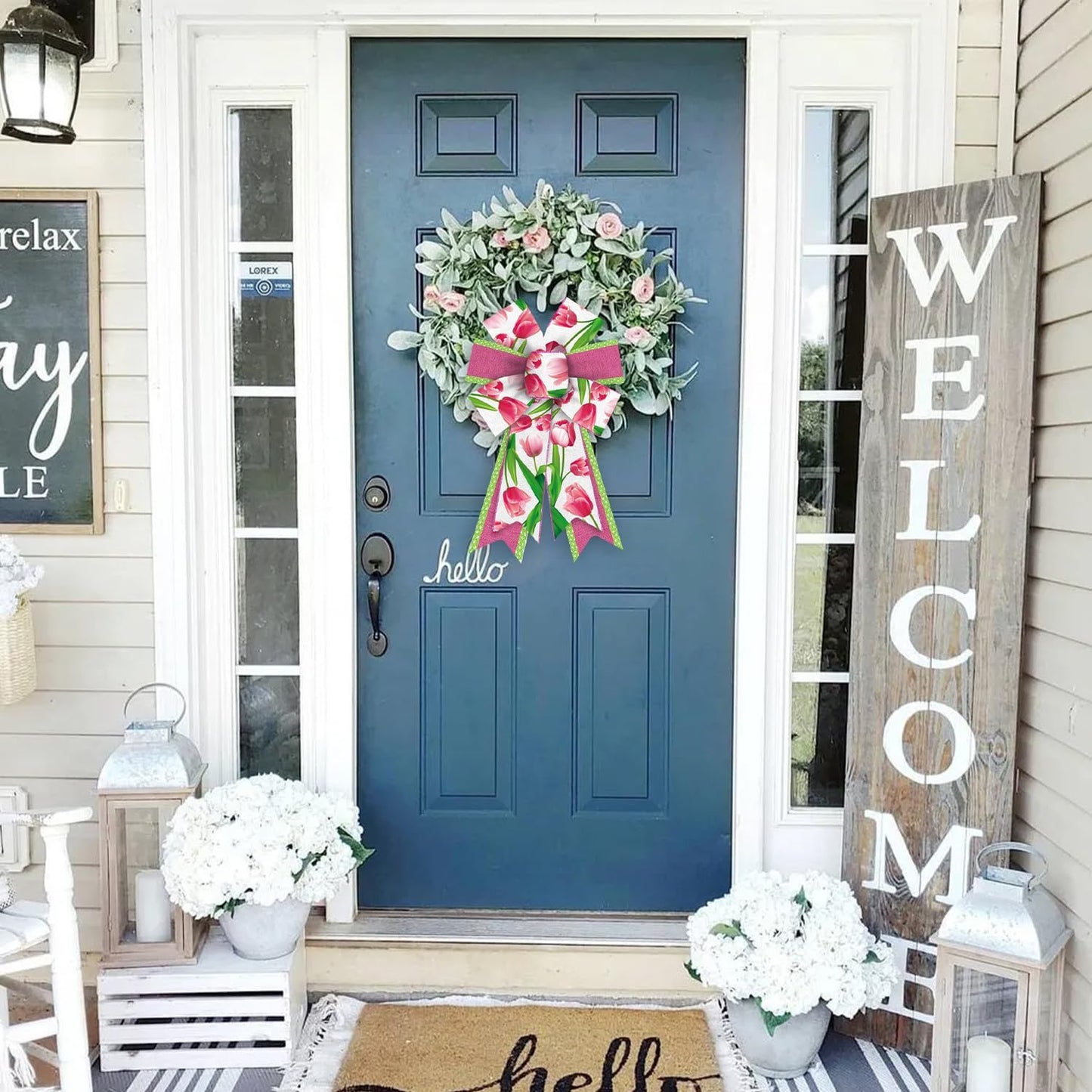 Threetols Floral Wreath Bows - 2 Pack Pink Tulip Decorative Bows for Indoor/Outdoor Home & Garden Decor