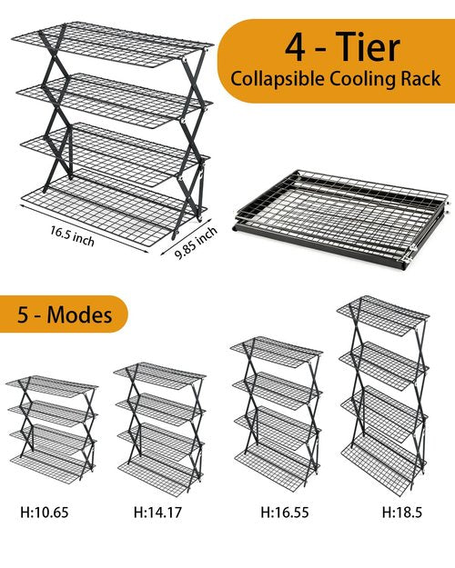 Cooling Racks For Cooking And Baking, 2/3/4-Tier Collapsible Cookie Cooling Rack With Adjustable 3 Setting Design Stackable Roasting Cooking Drying Wire Cooling Rack For Cookies Bread Baking