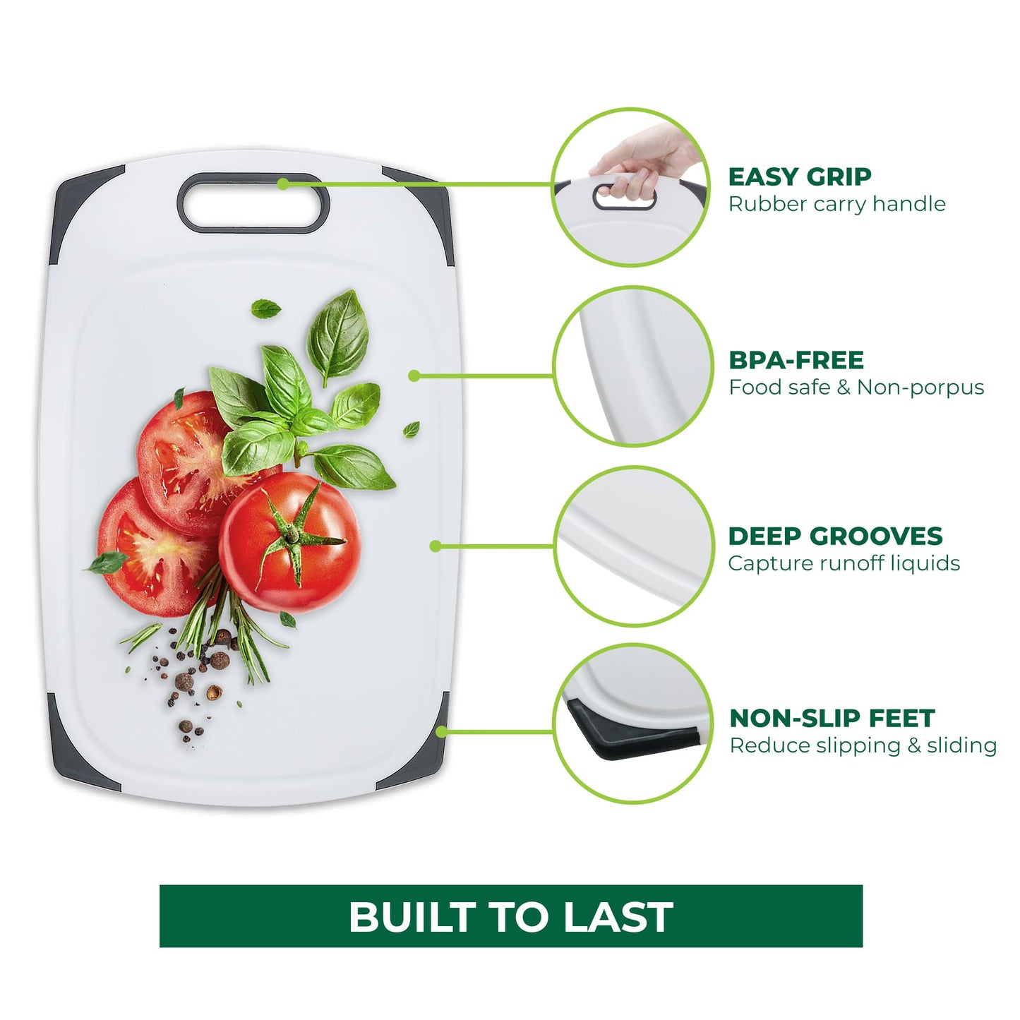 Plastic Cutting Boards for Kitchen, Cutting Board Set of 3, Juice Grooves with Easy Grip Handle, BPA-Free, Non-Porous, Dishwasher Safe, White