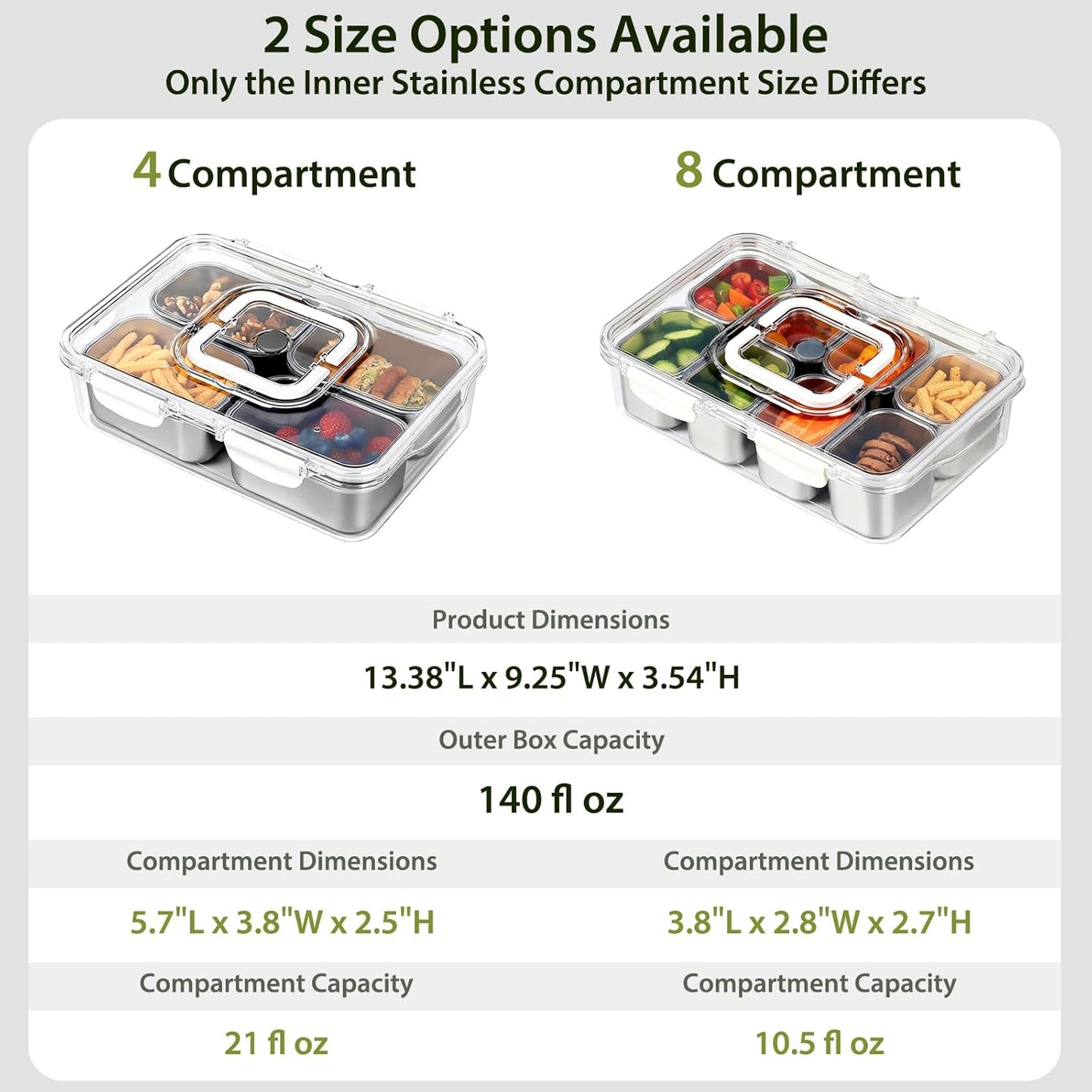 Snackle Box Stainless Steel Snack Container - 8-Compartment Serving Tray with Lid & Handle for Travel