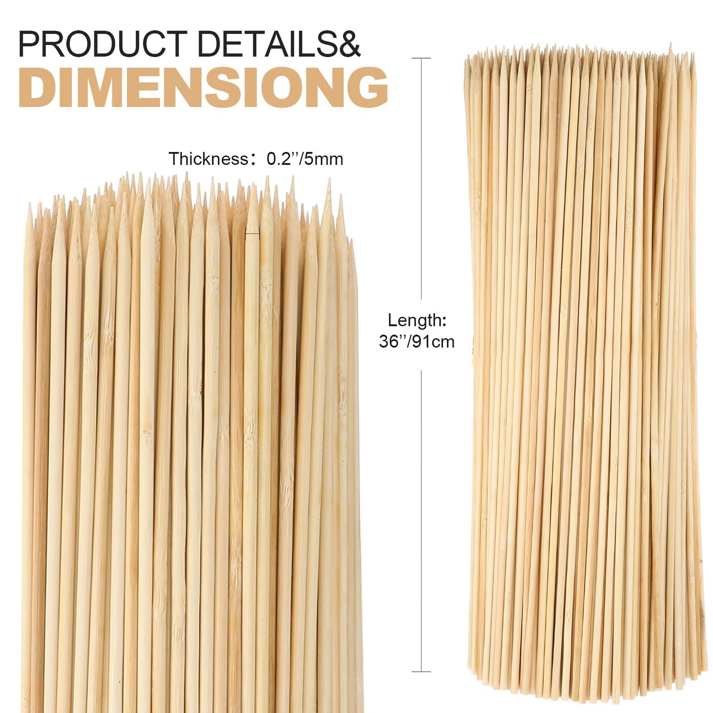 Suclain 500 Pcs Smores Sticks 36" Long 5mm Thick, Marshmallow Roasting Sticks Bamboo Skewers BBQ Kabob Grilling Barbecue Roasting Camping for Outdoor Fire Pits Campfires